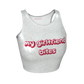 A sleeveless silver glitter crop top with 'my girlfriend bites' printed in red glittery letters.